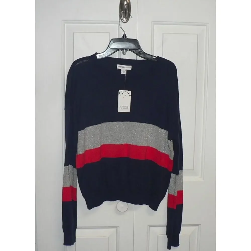 Harper Canyon Girls Fun Pattern Sweater in Navy Peacoat Multi Stripe XL MSRP $19